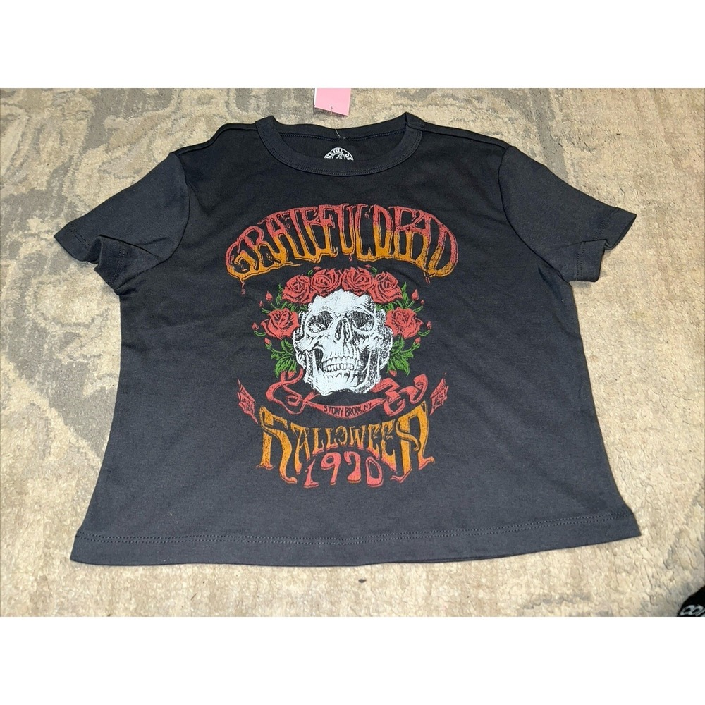 New Womens Jr Gray Crop Top‎  Grateful Dead T-shirt  Sz XS Gray Short Sleeve